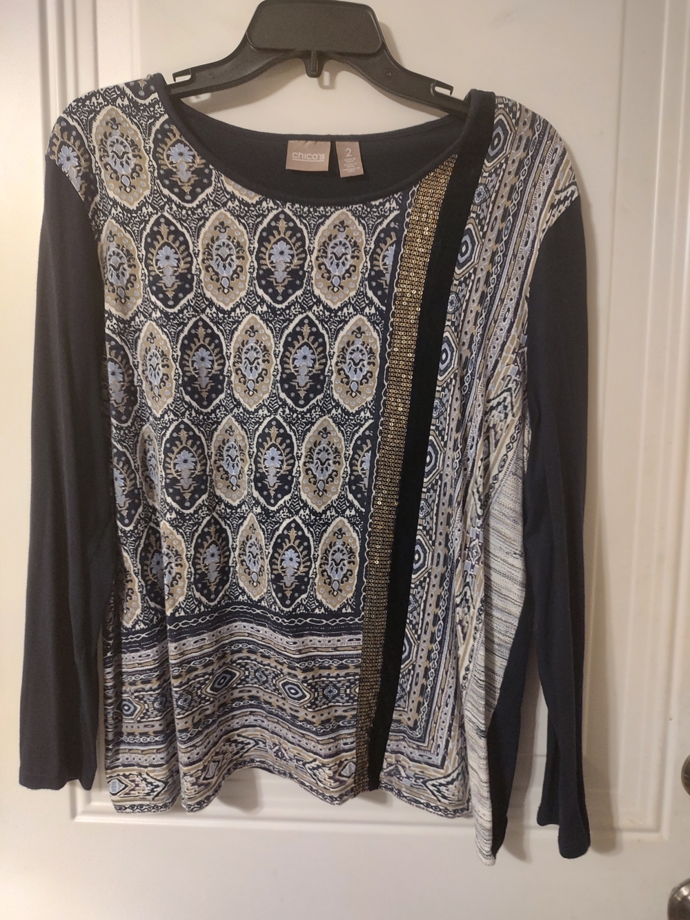 Chico's Navy, Gold and Cream Mixed-Pattern Long Sleeve Top